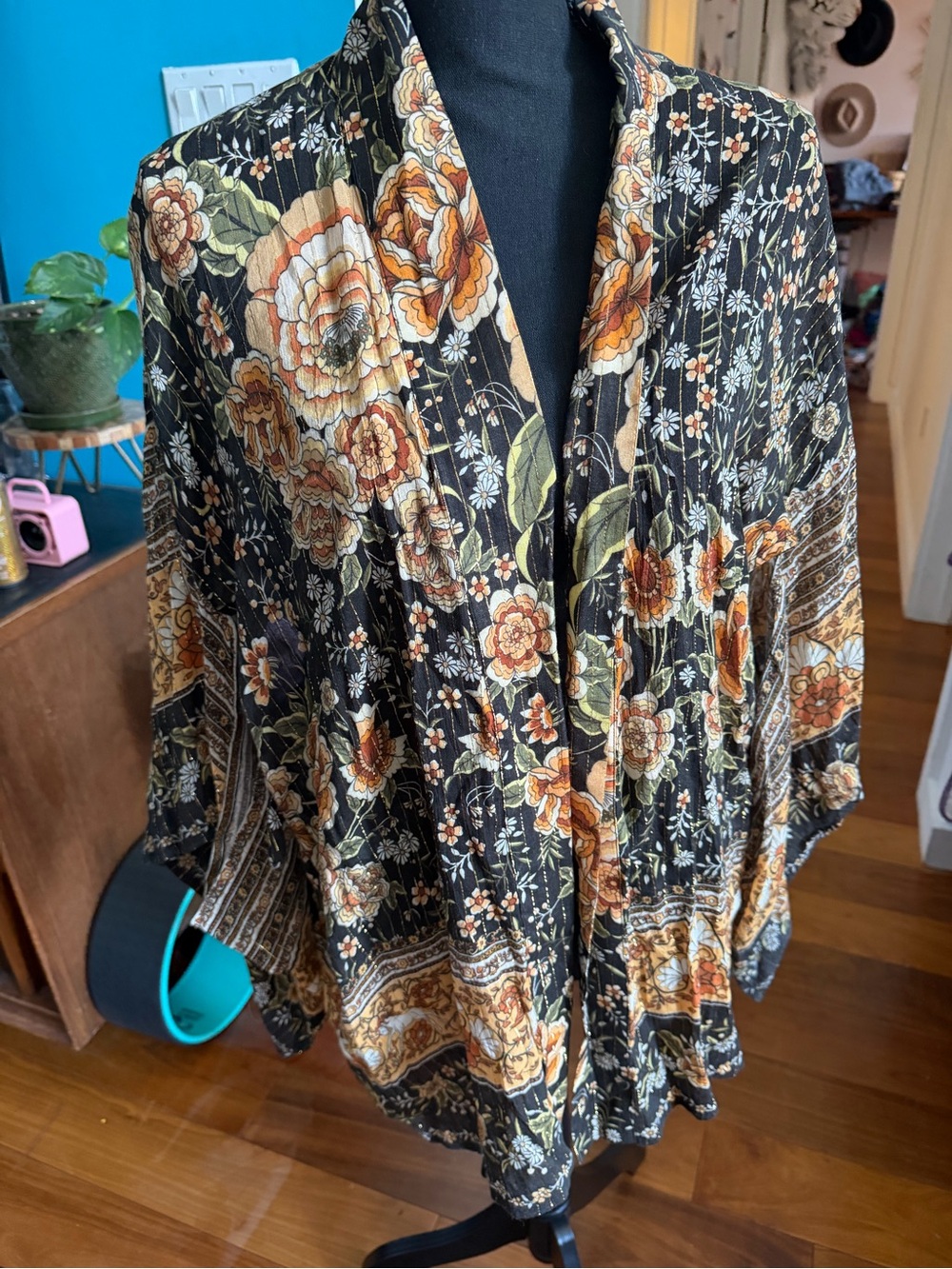 Spell Black Floral Open-Front Cape with Tan & Olive Accents